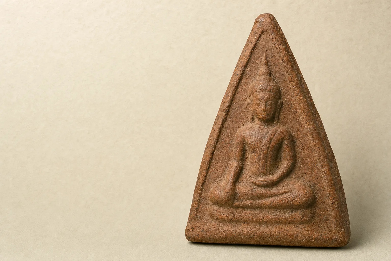 Representative visualization of a Nang Phaya amulet: a triangular clay tablet with a seated Buddha in low relief, reddish-brown body.