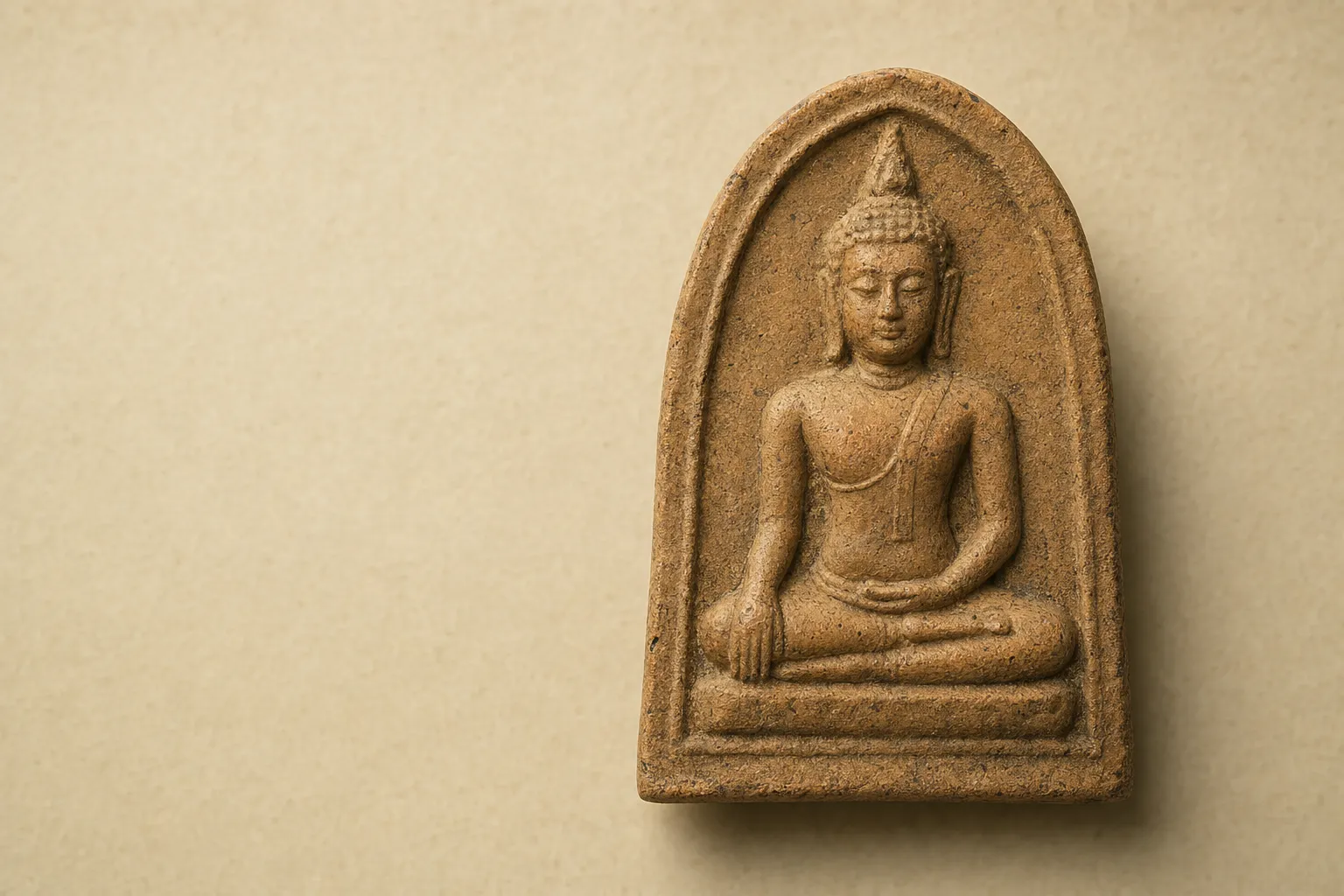 Representative visualization of a Phra Phong Suphan amulet: a seated Buddha in U Thong style within an arch, aged molded tablet.