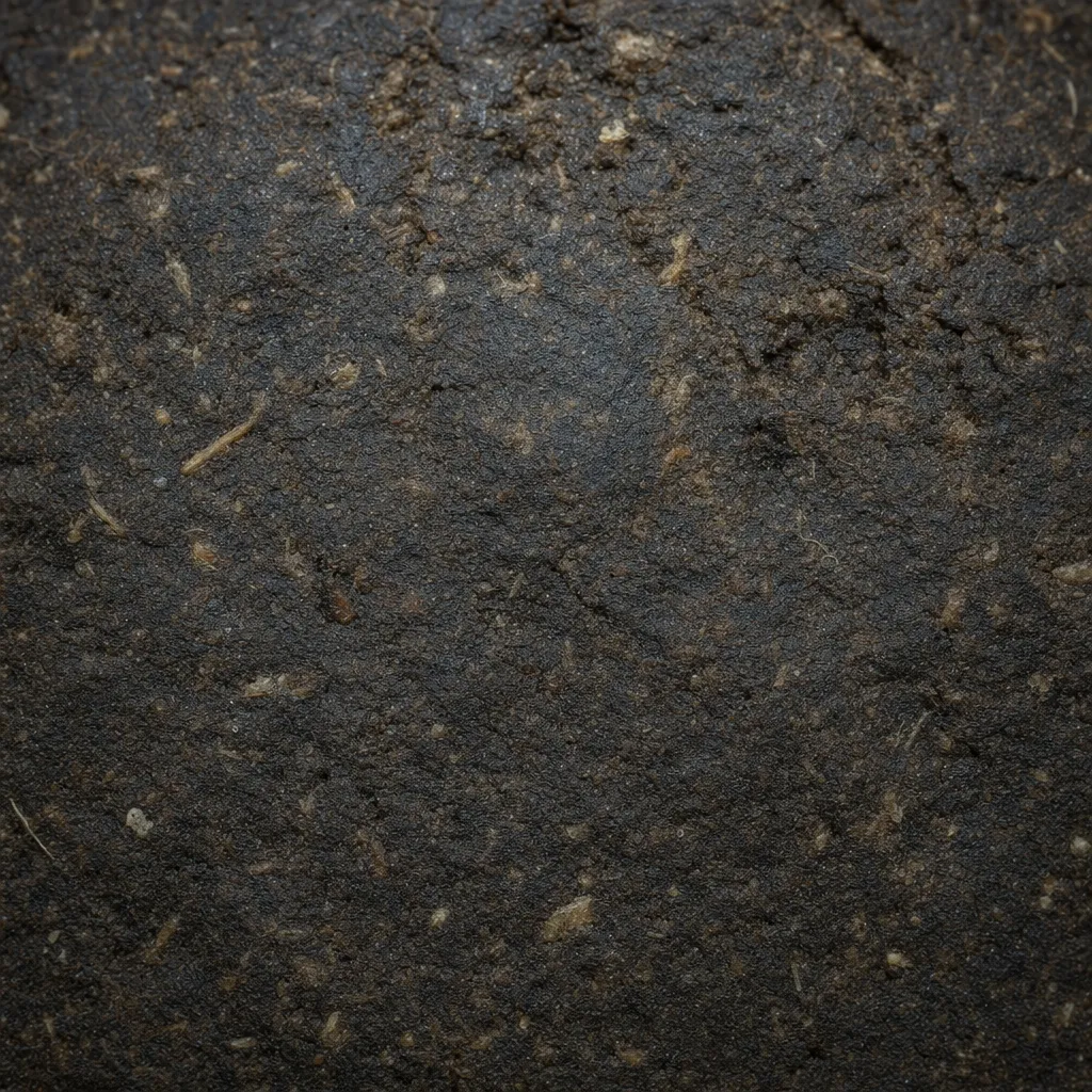 Representative visualization of a dark pressed herbal-and-powder amulet surface, showing rough mottled texture.