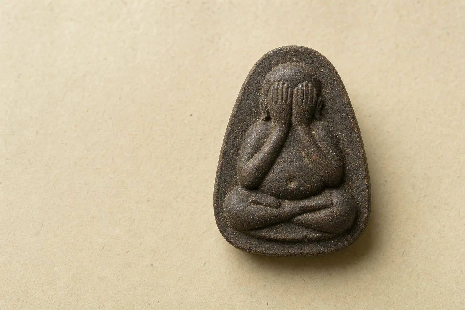 Representative visualization of a small pressed Phra Pidta amulet, showing a seated figure with both hands raised to cover the eyes.