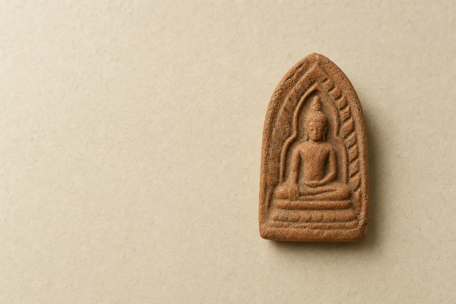 Representative visualization of a small Phra Rod votive tablet: a seated Buddha within a leaf-shaped arch, fired clay.