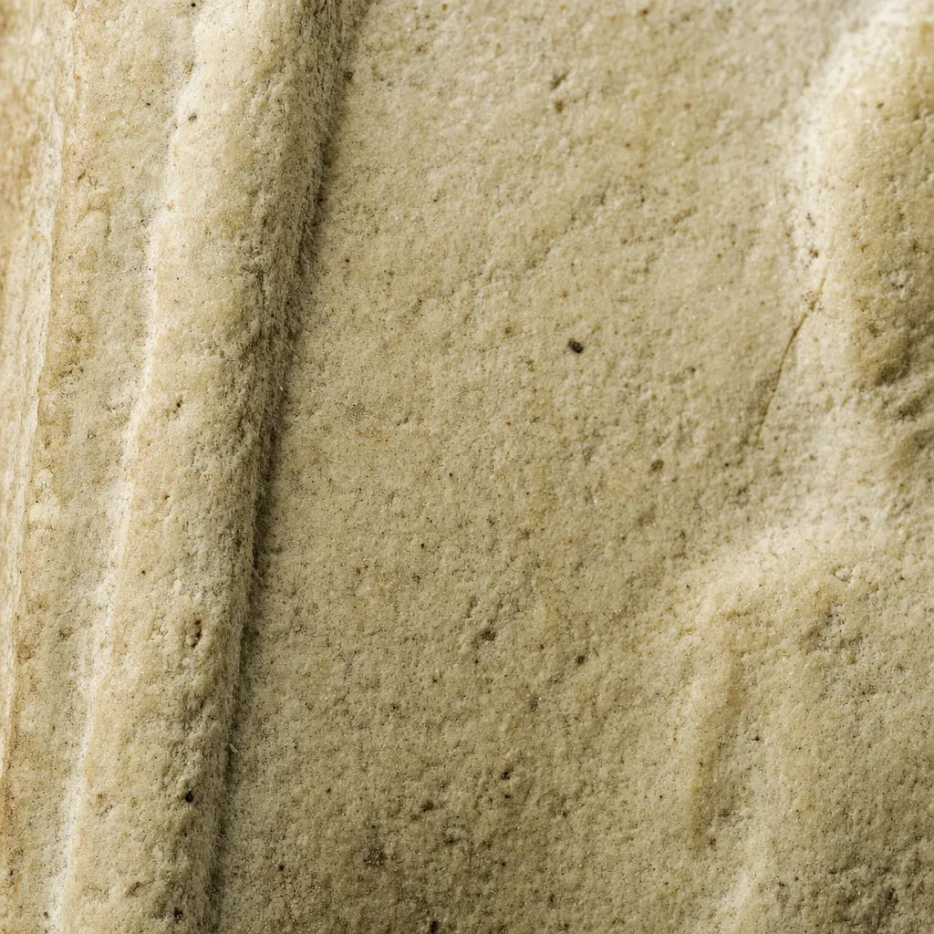 Representative visualization of a pale pressed sacred-powder amulet surface, showing fine grain and shallow relief.