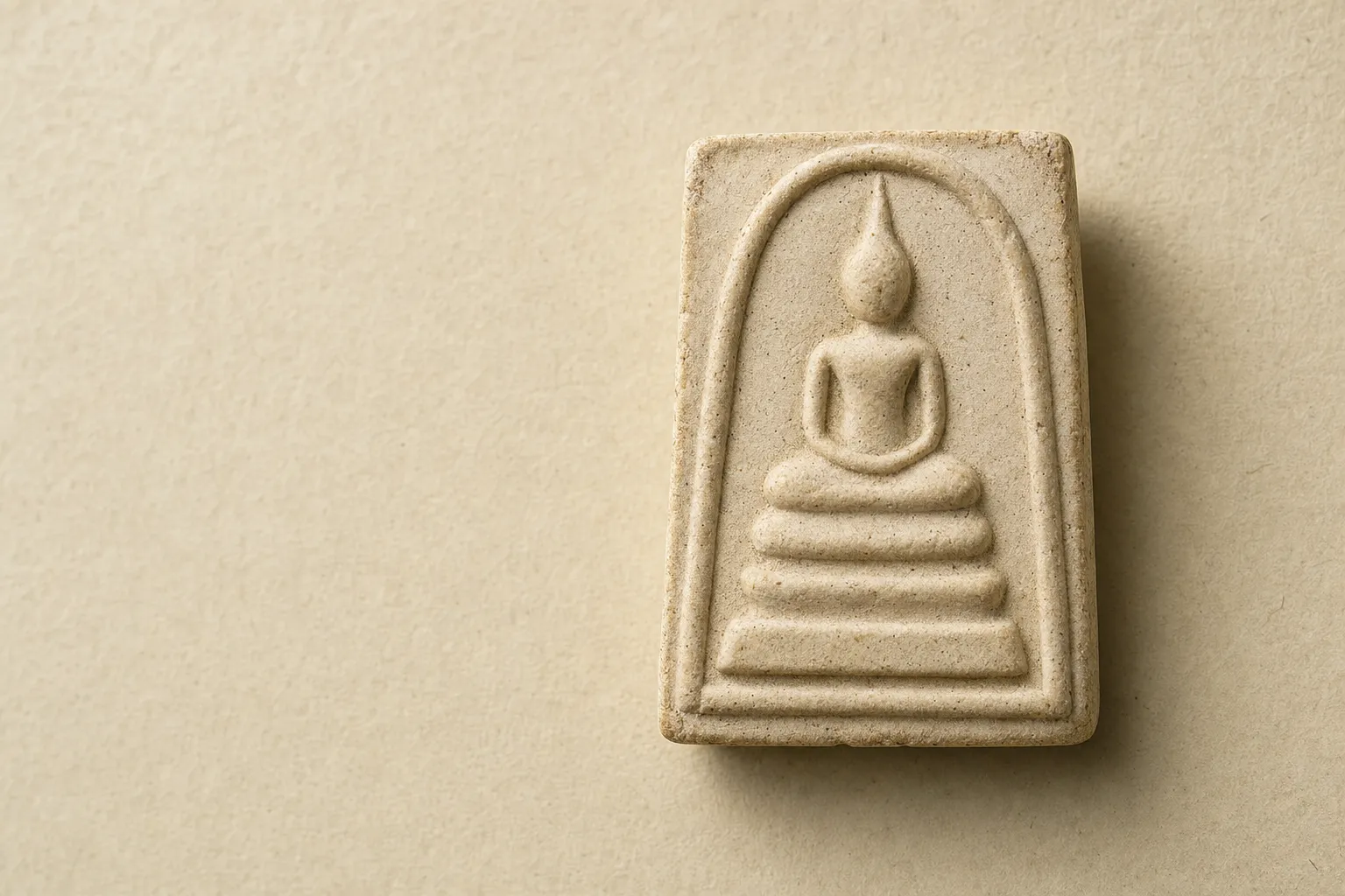 Representative visualization of a Phra Somdej pressed-powder amulet: a seated Buddha in meditation on a tiered base within a rounded arch, pale fine-grained body.