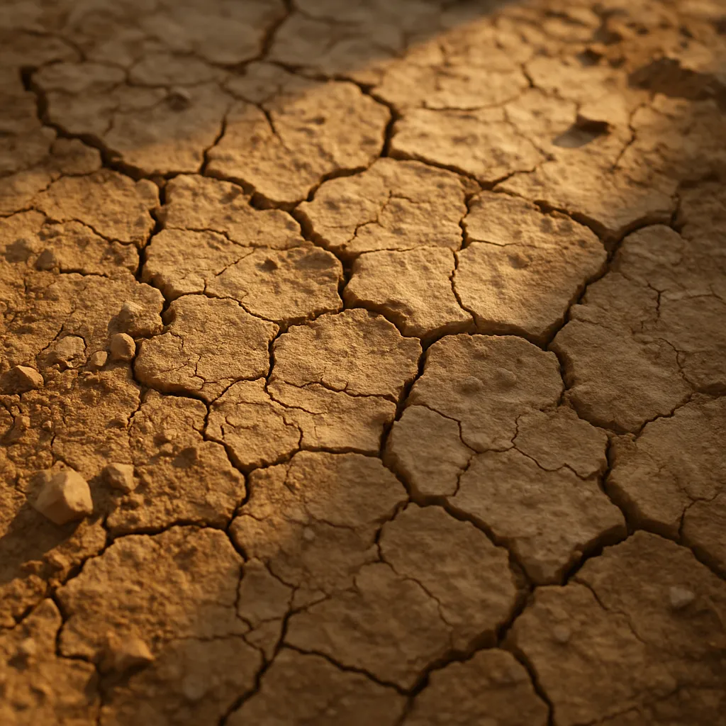 Close-up of an old cracked clay and earth surface with small embedded fragments, suggesting a kru find.
