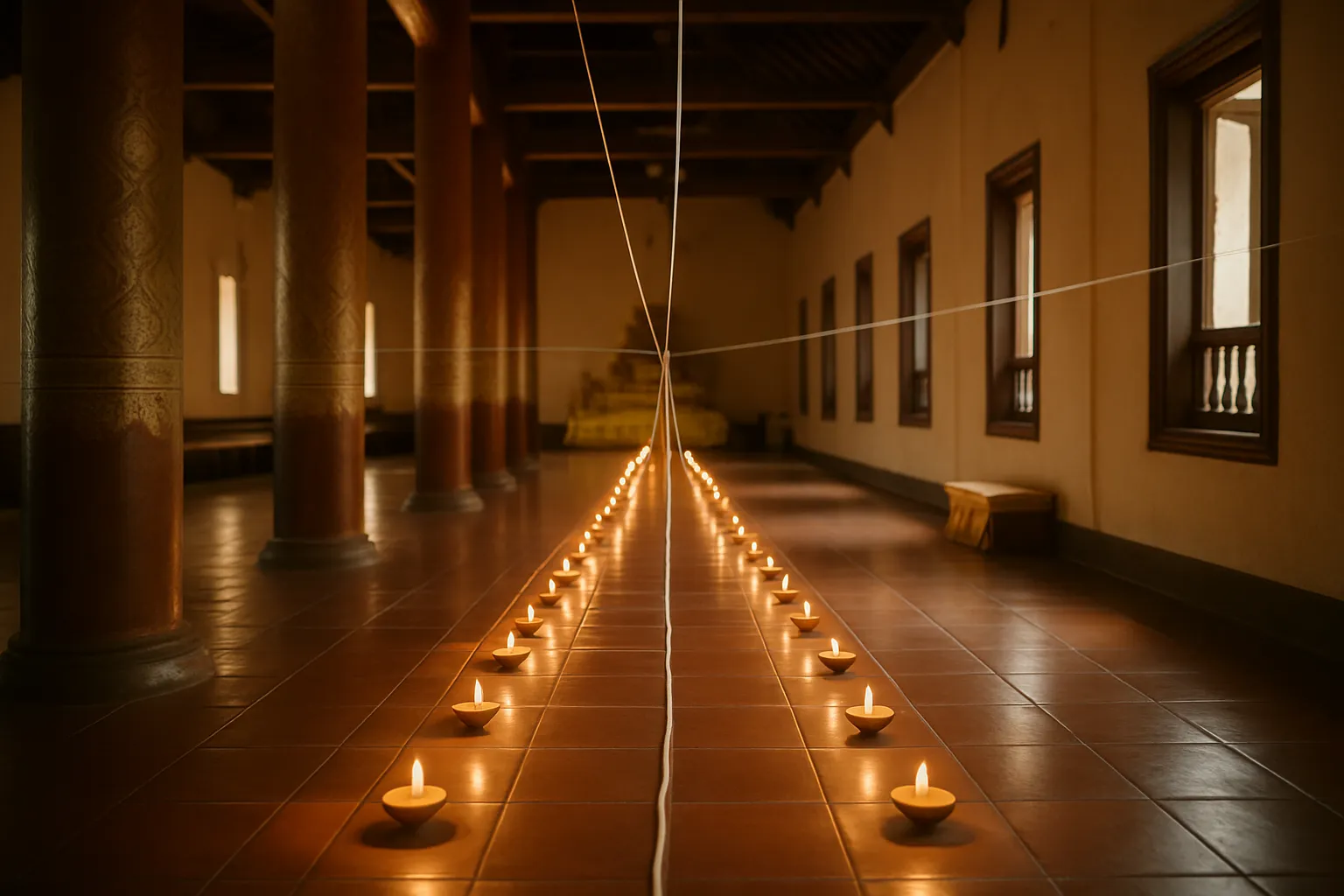 Interior of a Thai temple ordination hall with candles and sacred cotton thread in golden light, no people.