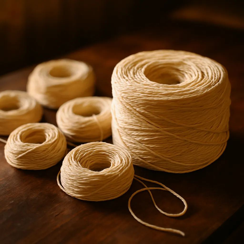 Coils of white sai sin cotton thread arranged on a dark wooden surface in warm light.