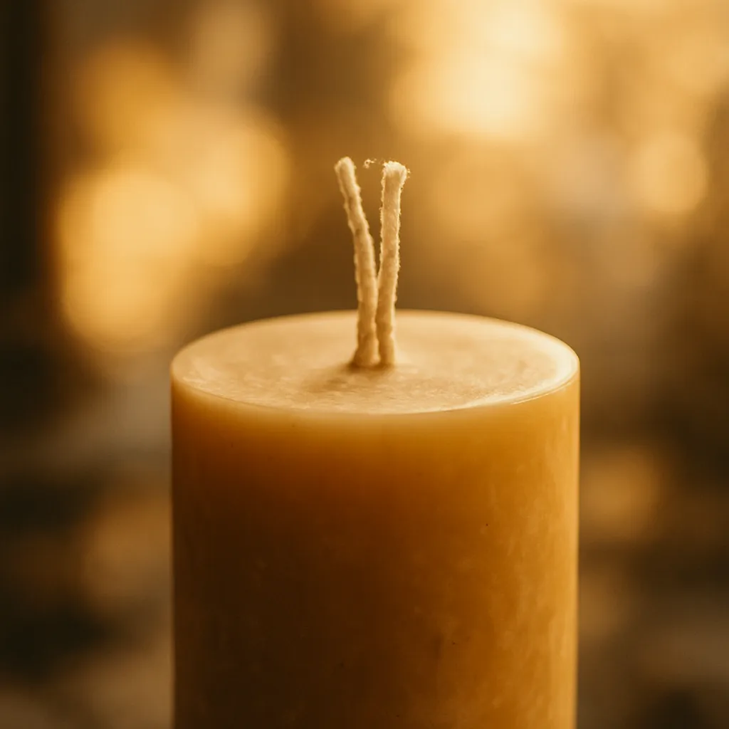 Close-up of a large beeswax candle with visible braided wicks against a soft-focus background of golden light.