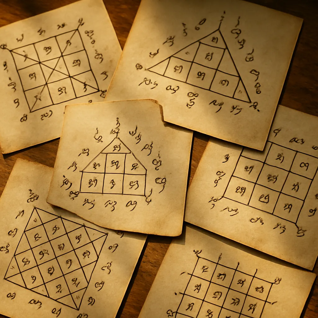 Overhead view of geometric yant diagrams drawn in black ink on cream paper, showing grid structures and Khom script.