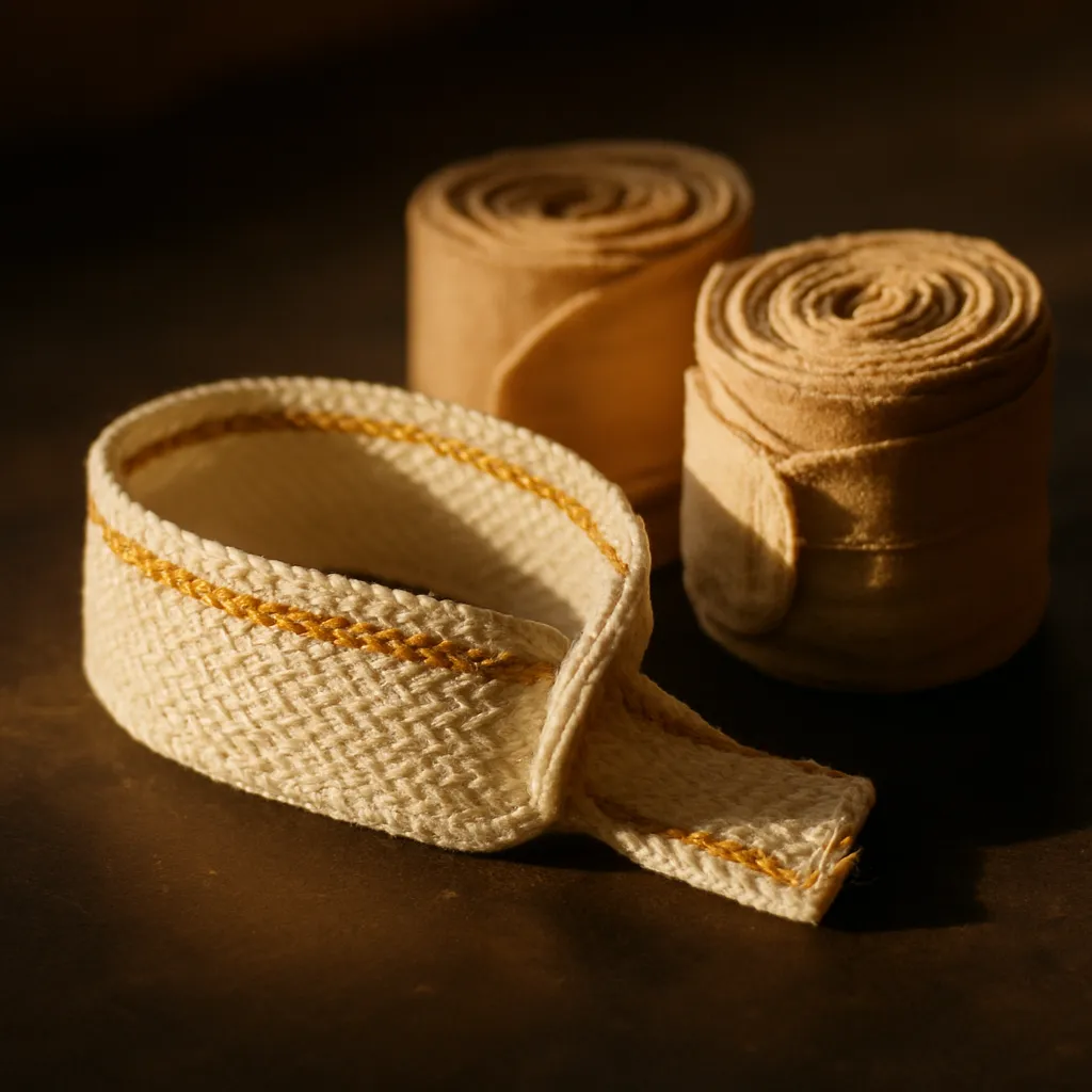 A white cotton pra jiad armband lying on a dark surface beside muay thai hand wraps in warm light.