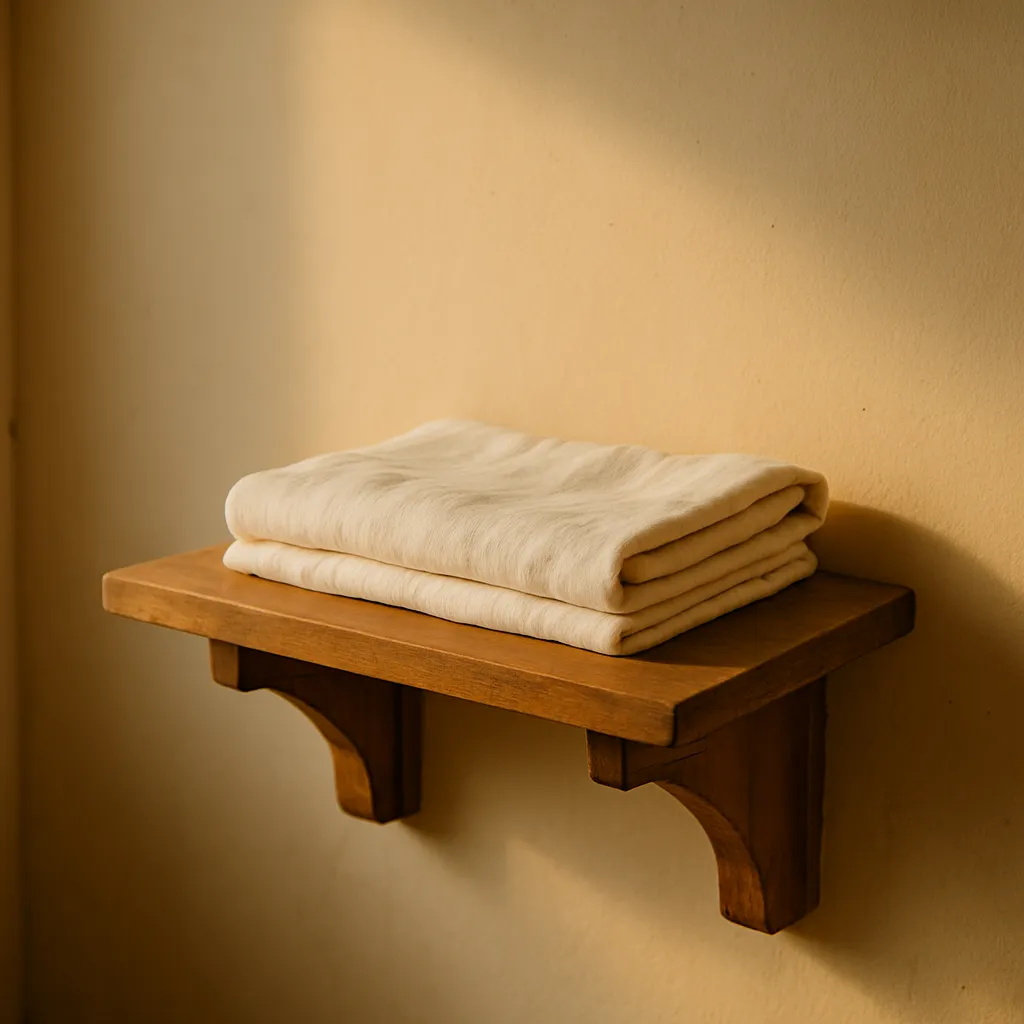 A small elevated wooden shelf against a cream wall with a folded white cloth on it, in soft daylight.