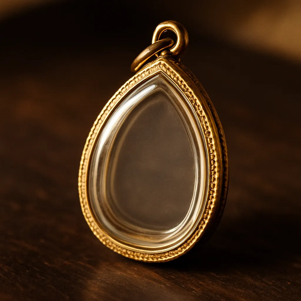 Close-up of a closed clear waterproof pendant case on a dark surface, showing the seal and frame detail.