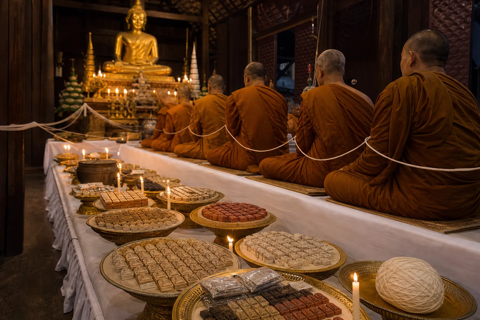 Source-informed reconstruction of Thai monks consecrating raised trays of amulets connected by sacred white thread