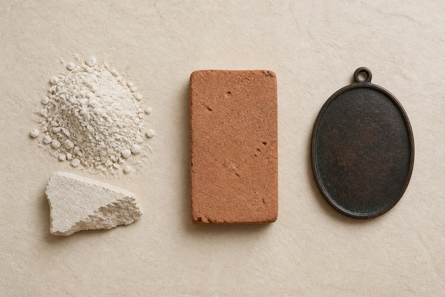 Educational material study comparing pale sacred powder, reddish fired clay, and dark cast bronze