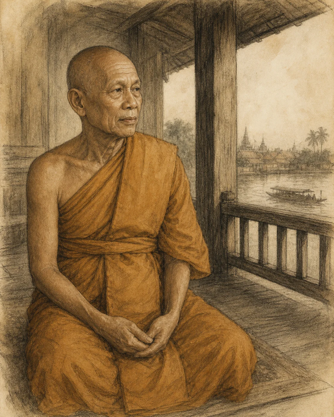 Interpretive charcoal and sepia illustration of a nineteenth-century Thai Buddhist monk at a riverside monastery