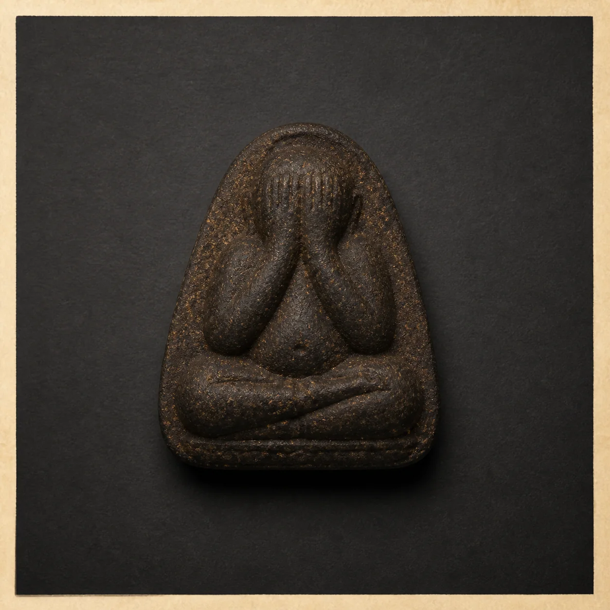 Representative visualization of a dark pressed-powder Phra Pidta amulet with both hands covering the eyes