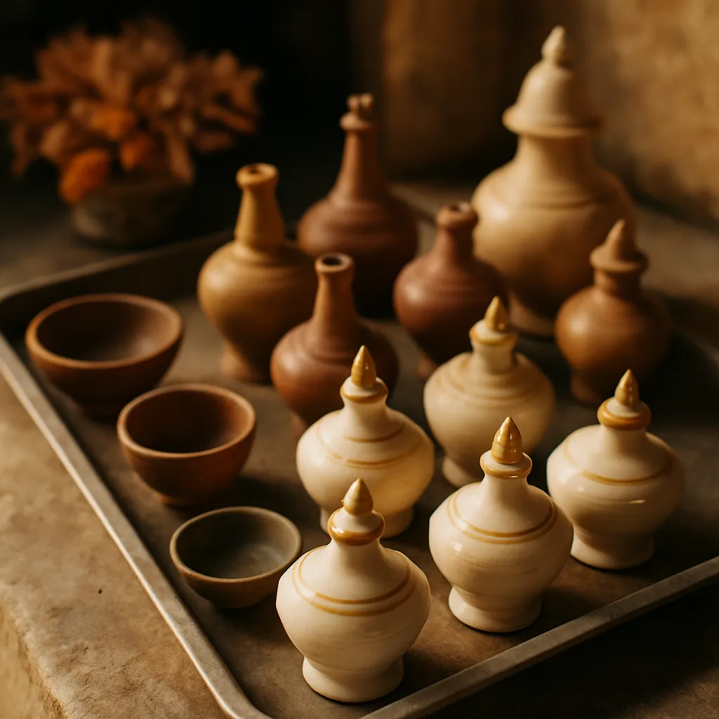 Small ceramic offering vessels arranged on a tray.