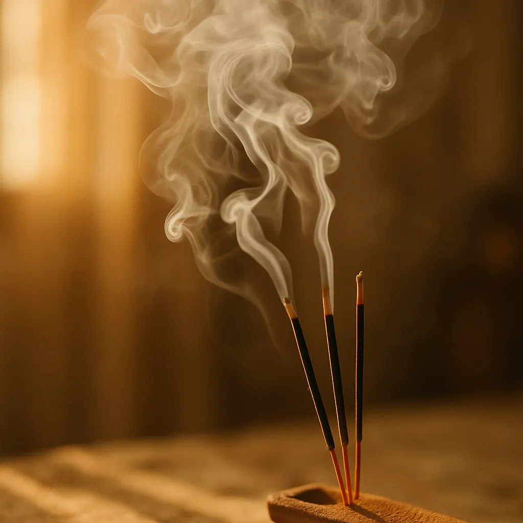 Incense smoke rising in soft focus in warm golden light.