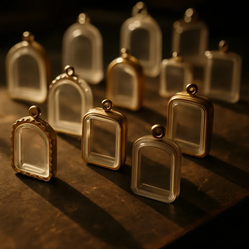 Arrangement of small empty clear waterproof pendant cases on a dark surface.
