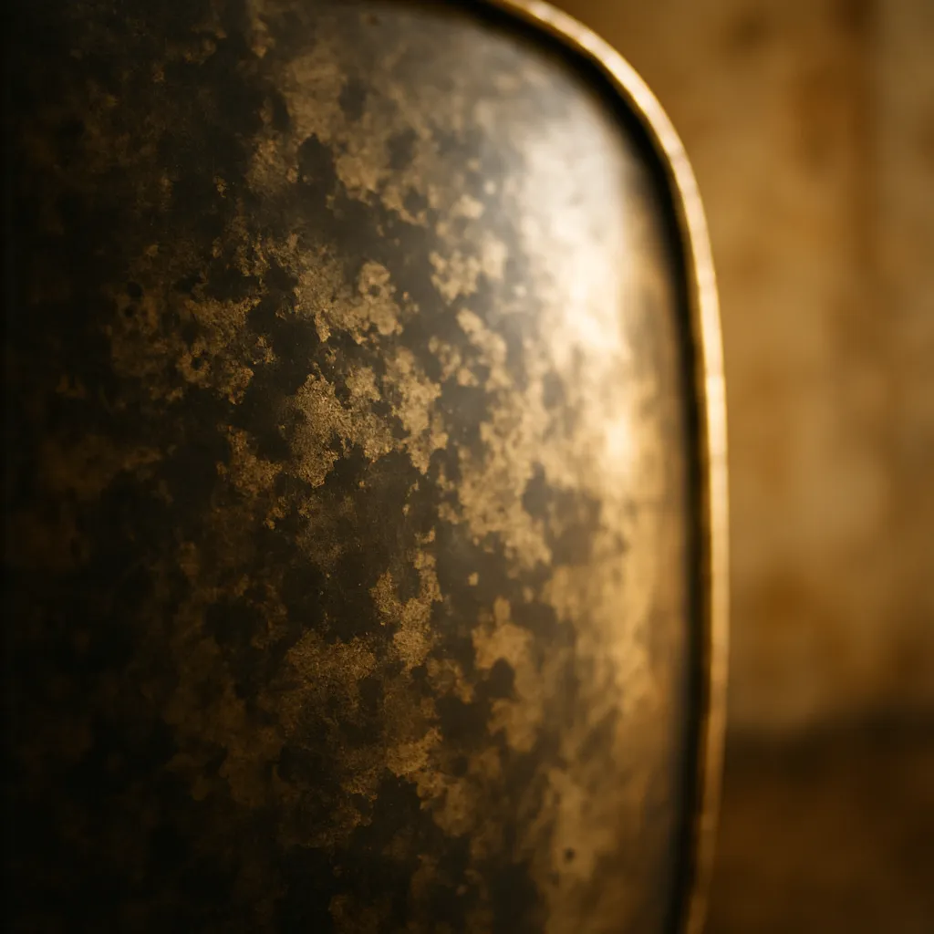 Close-up of a dark mottled metal surface with the patina of age.