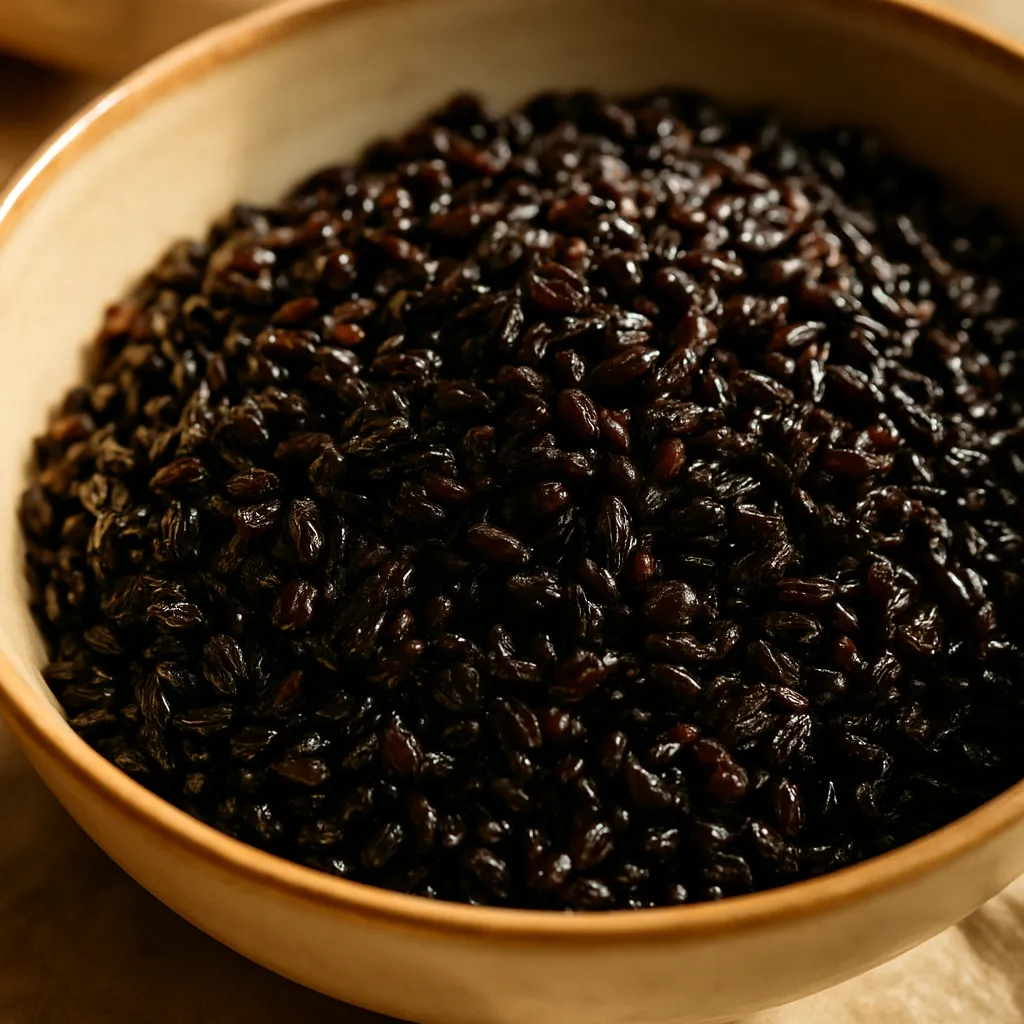 Close-up texture of black sticky rice, dark and glossy.