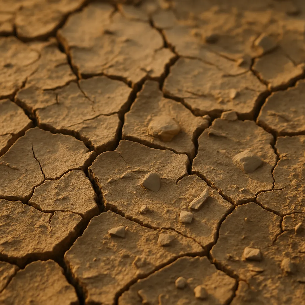 Cracked dry clay earth with small indistinct fragments partially embedded, an abstract archaeological texture.
