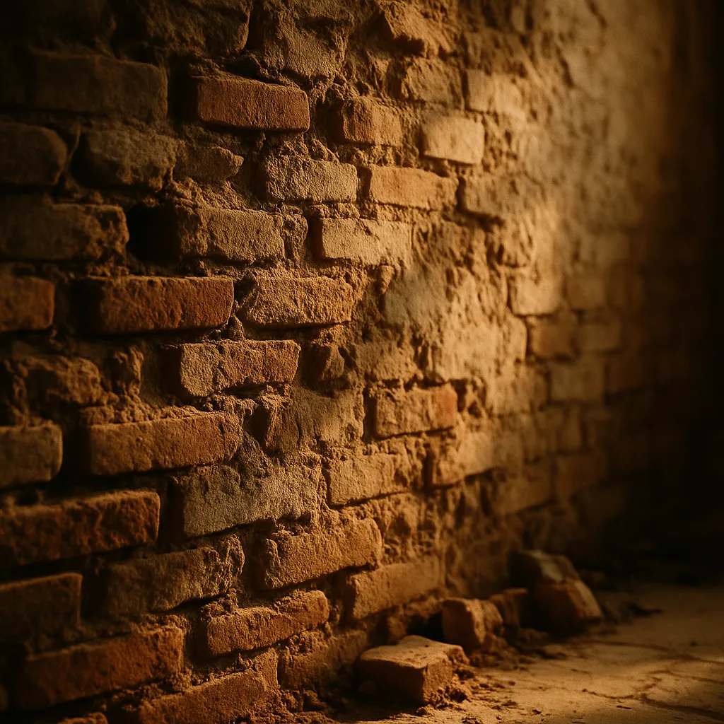 Old brick wall with visible crumbling mortar and age, warm raking light.