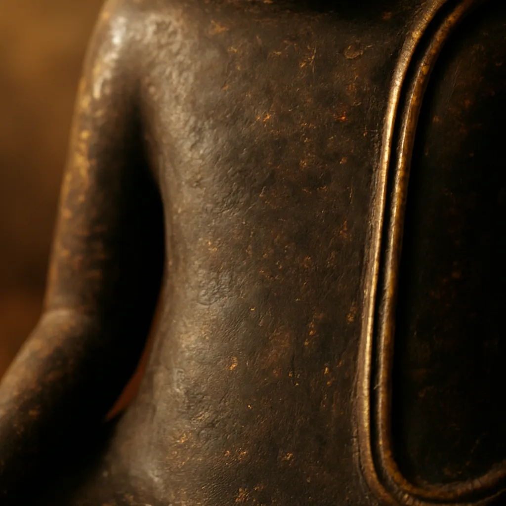 Close-up of a dark patinated metal surface.