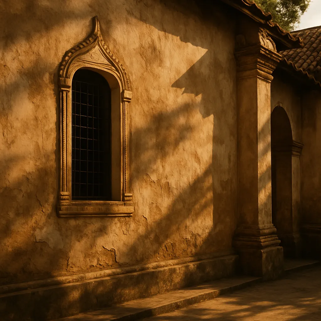 Old monastery wall with weathered plaster in warm tones.
