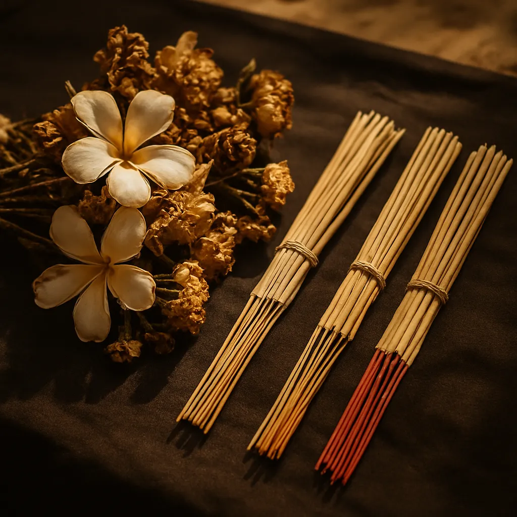 Close-up of dried tropical flowers and bundled incense sticks on a dark cloth.