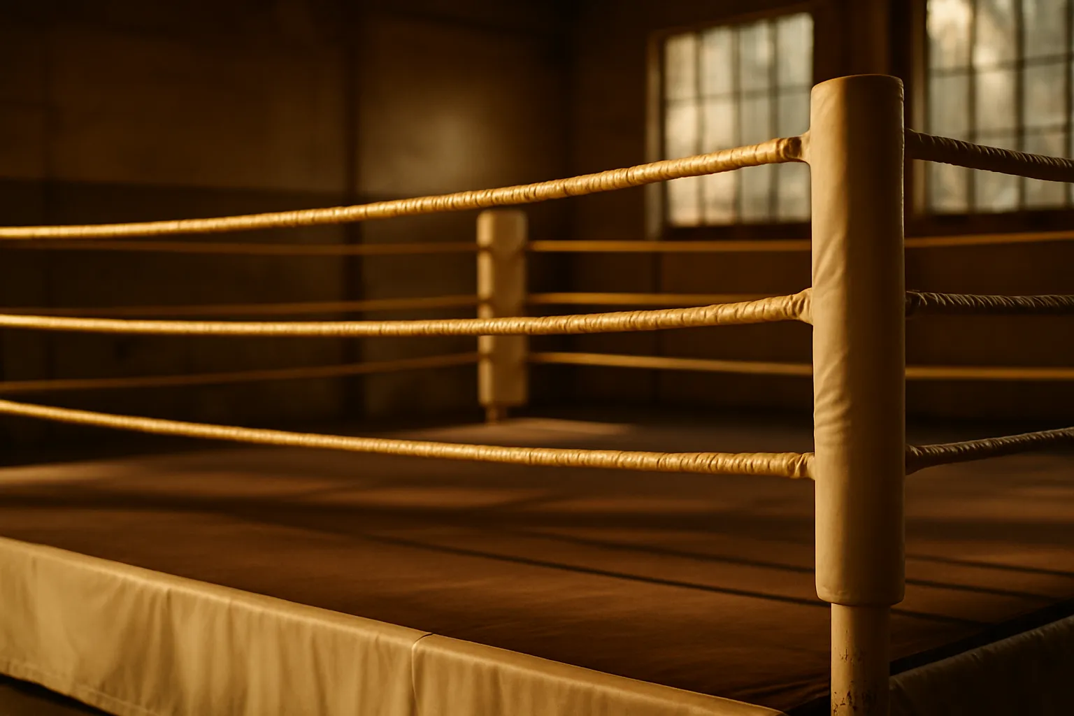 Muay thai ring ropes in warm light, the ring empty.