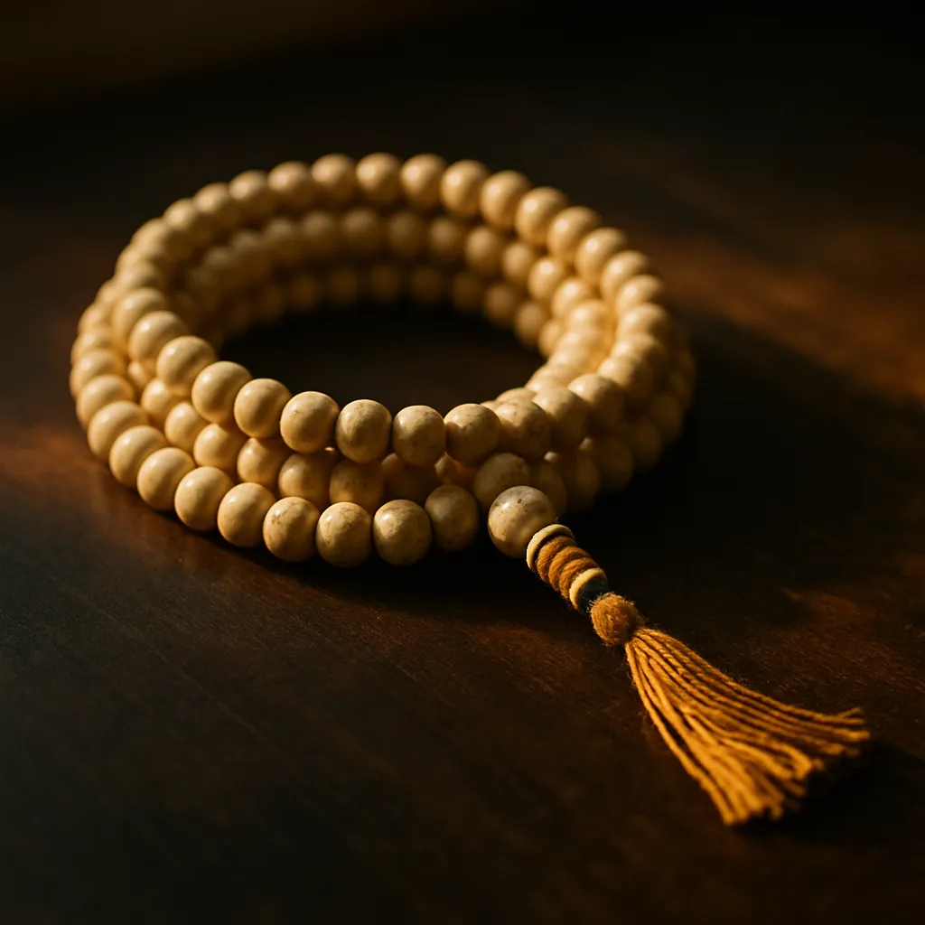 Coiled braided cord on a dark surface, warm light.