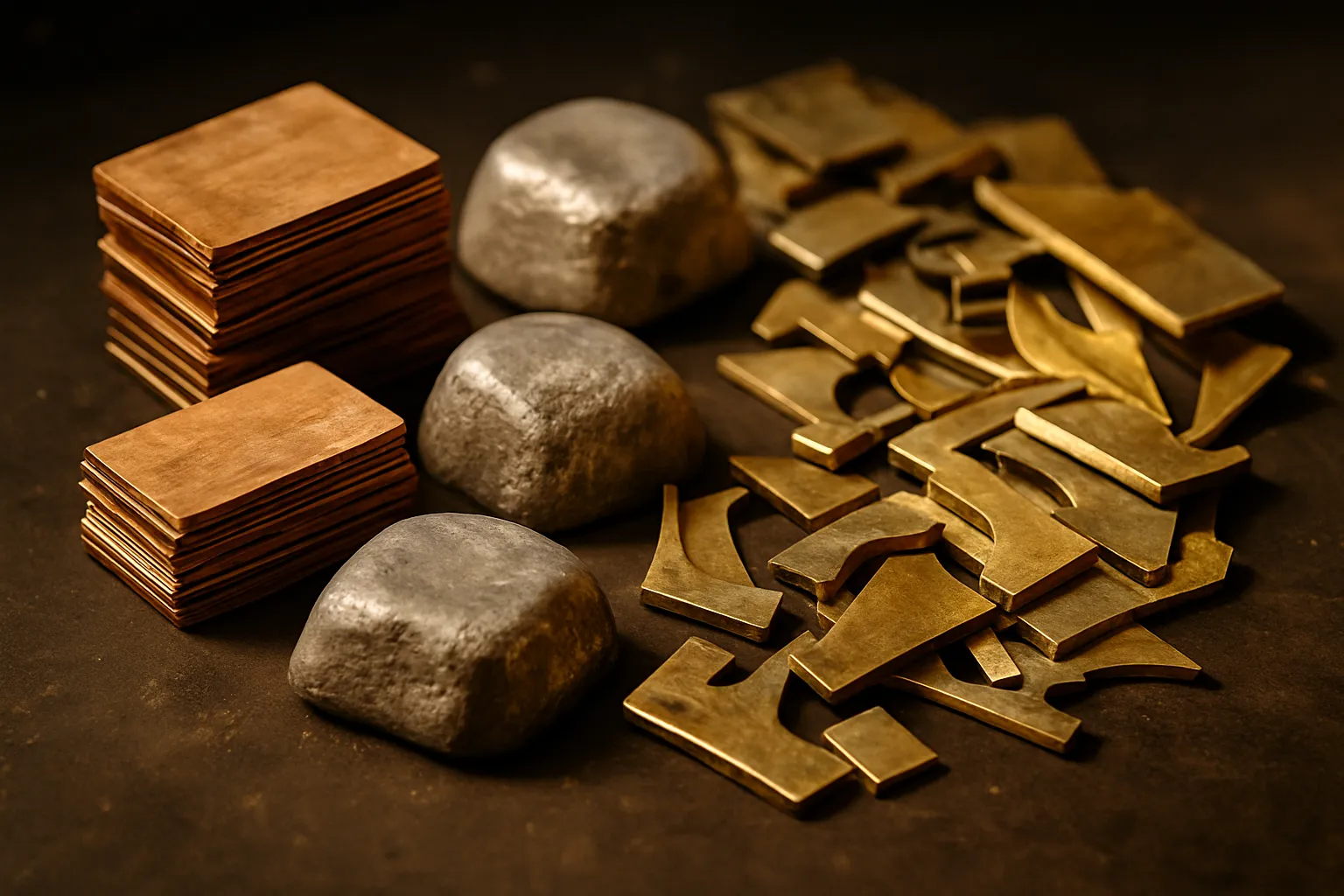 Arrangement of raw metal pieces, copper strips, dull lead fragments, and old brass offcuts on a dark surface.