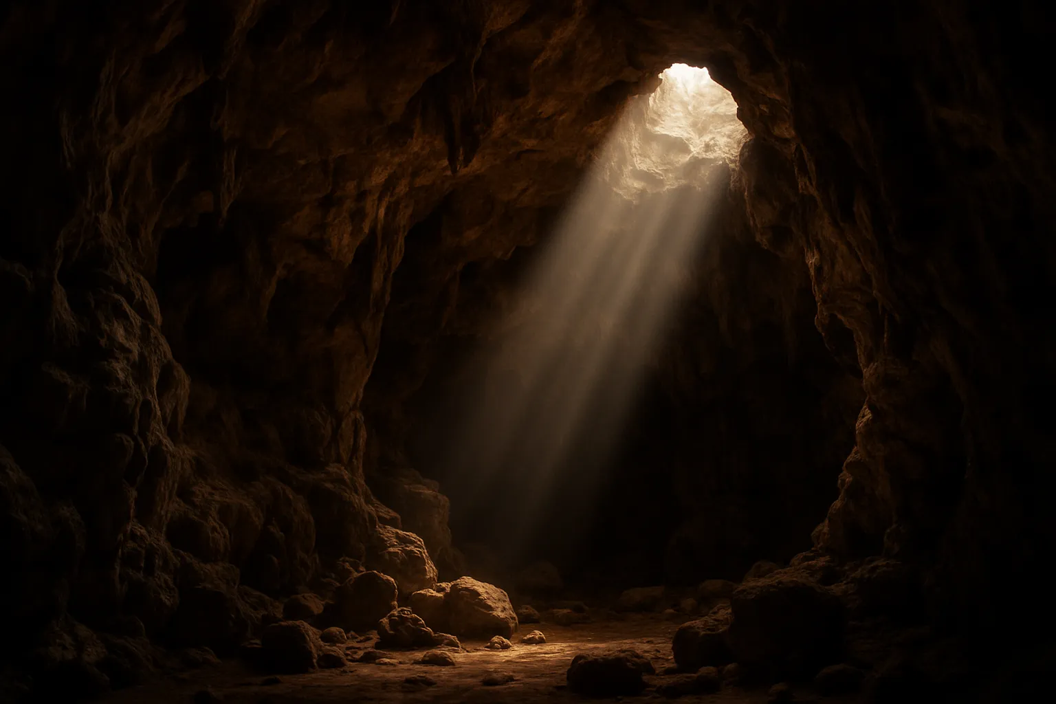 Dark limestone cave interior with a shaft of natural light entering from an opening.