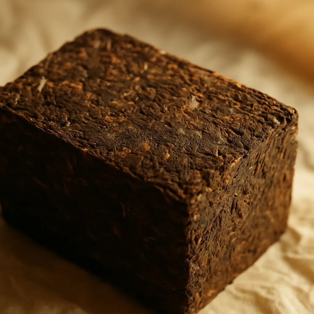 Close-up texture of dark compressed herbal material, rough and mottled.
