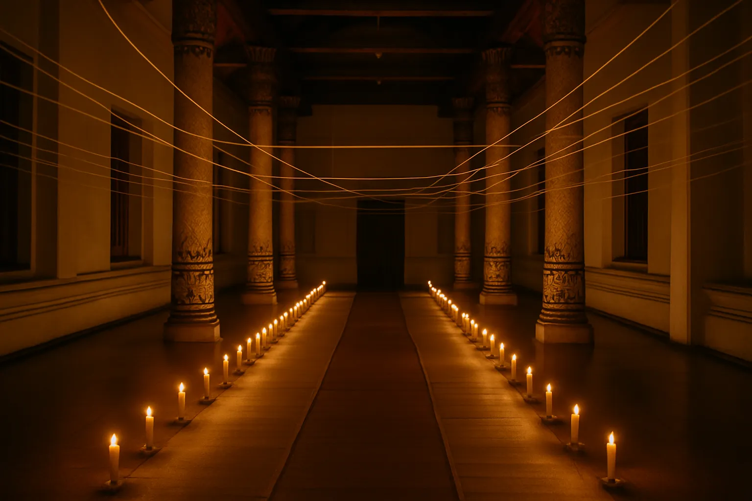 Candlelit interior of a Thai ordination hall with white sacred cotton thread strung across the space.