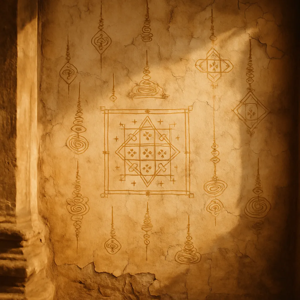 An old temple wall of cracked cream plaster with faint painted yantra inscriptions.
