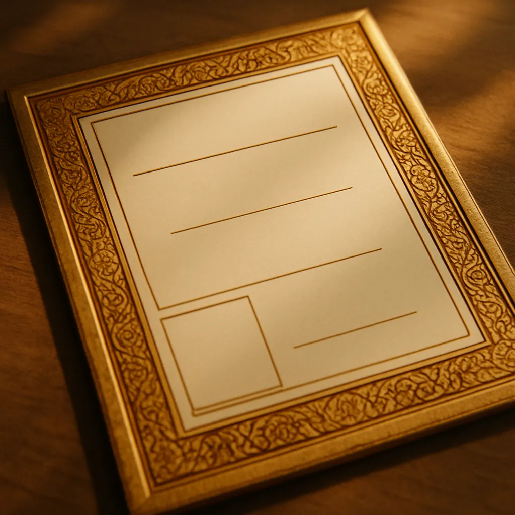 Abstract geometric composition suggesting a certificate layout using rectangles and Thai-style decorative border patterns, warm earth tones.