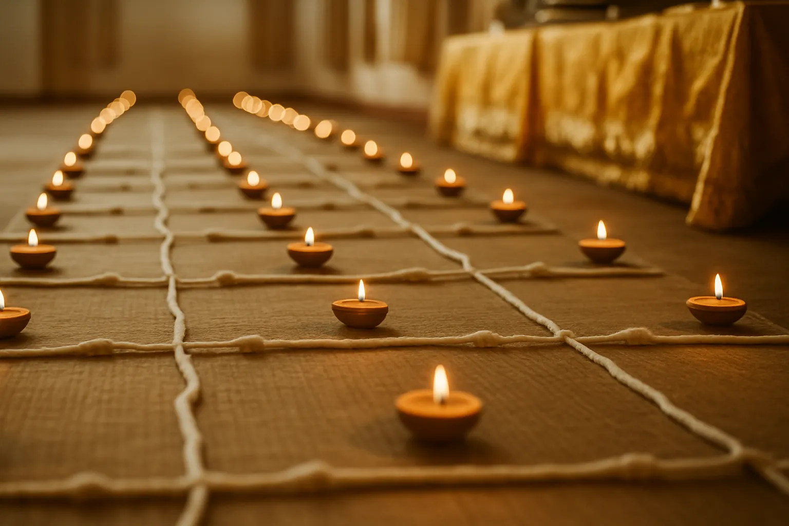 A ceremony floor setup with rows of small candles and white cotton thread arranged in lines, no people.