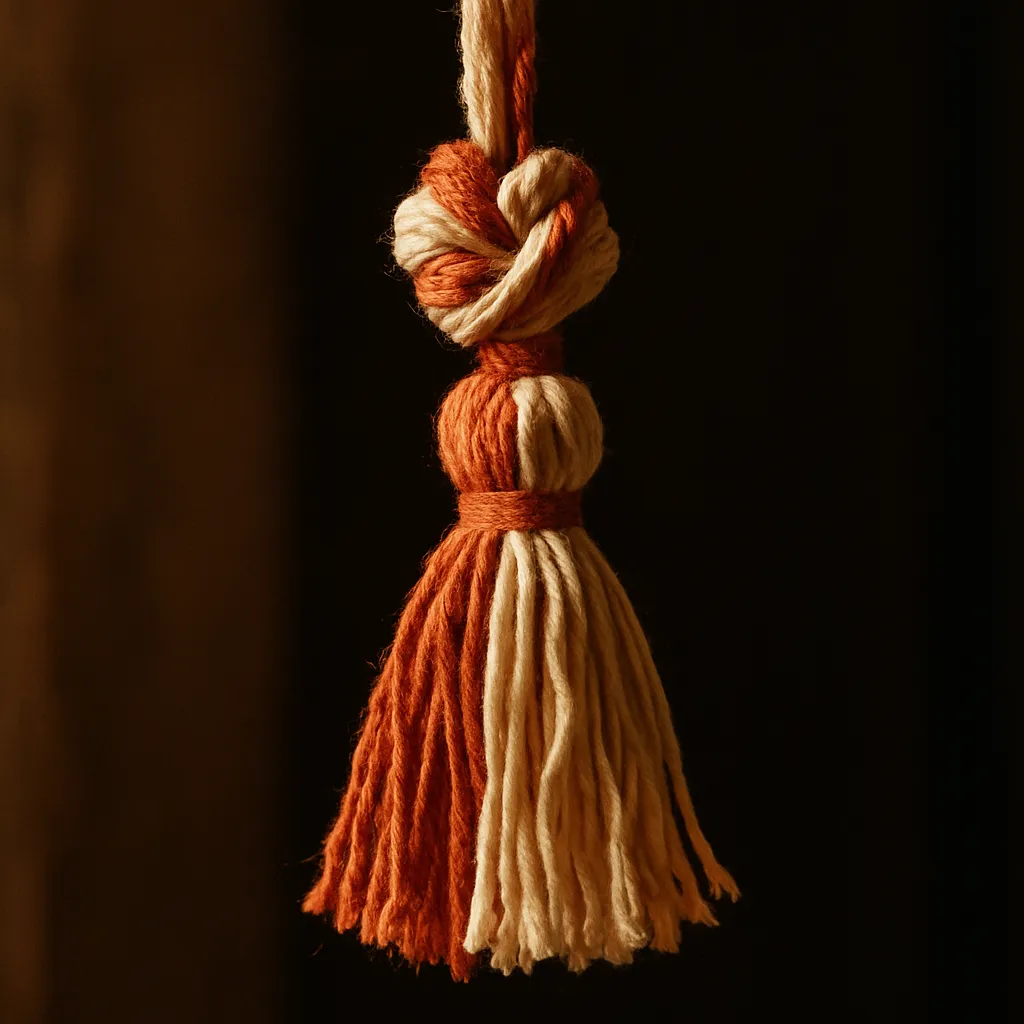 Close-up of a knotted red and white cotton thread tassel against a dark background.
