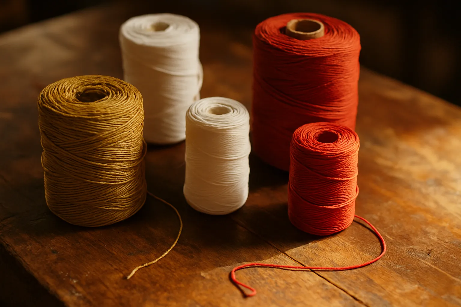 Coiled spools of red, white, and gold thread and cord arranged on a worn wooden surface.