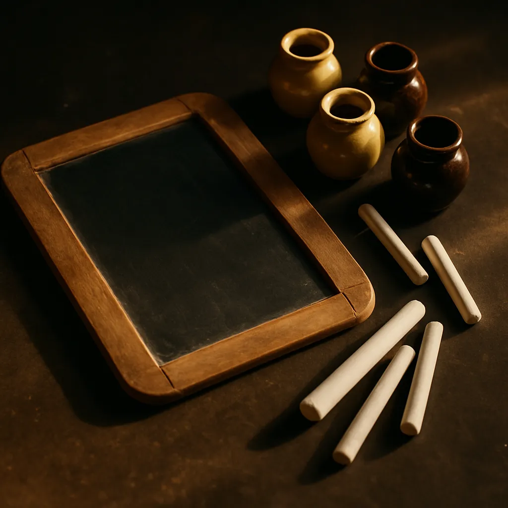 Overhead still life of a slate tablet, sticks of chalk, and small ink pots on a dark surface.