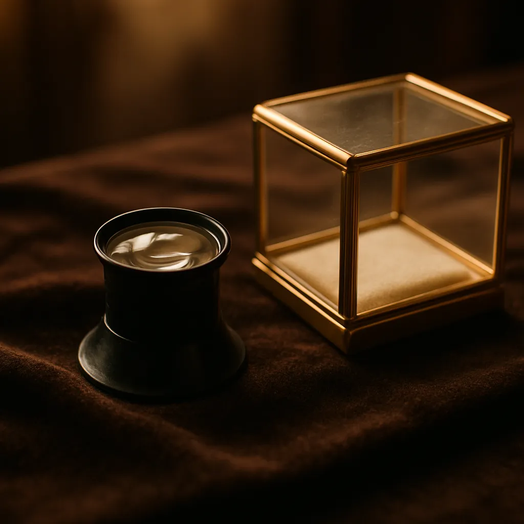 A magnifying loupe resting on dark velvet beside a small display case.