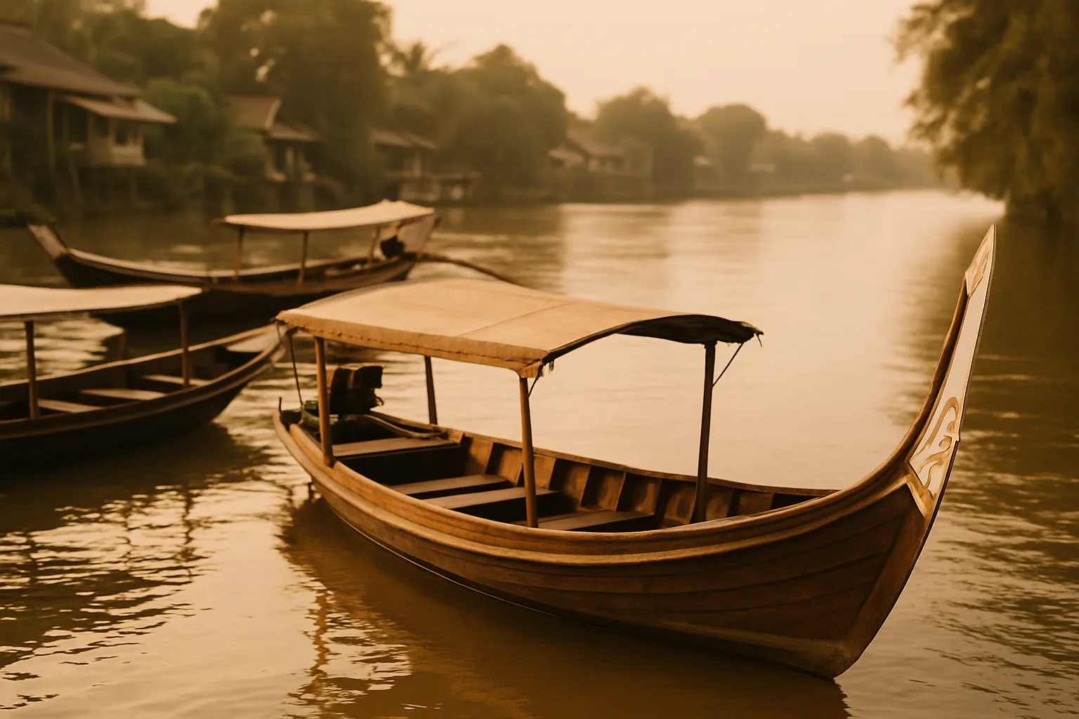 A view of the Chao Phraya River with traditional boats in warm light.