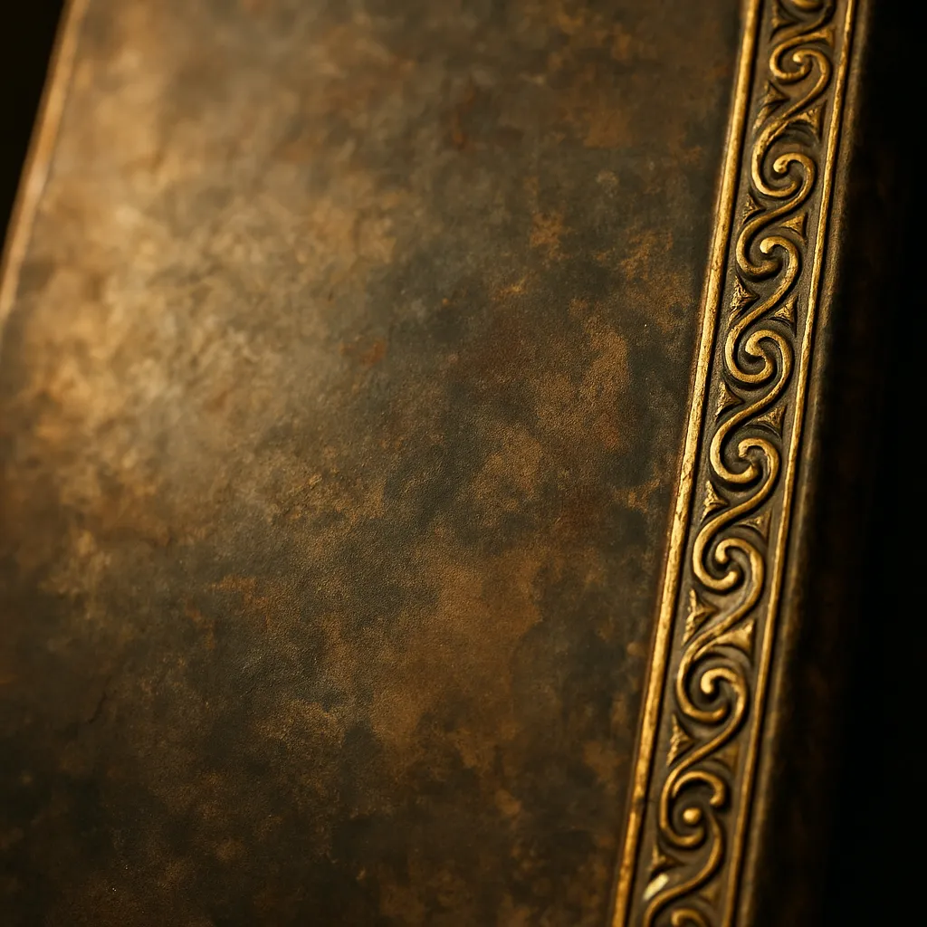 Close-up of an aged patinated metal surface showing fine detail and the texture of age.