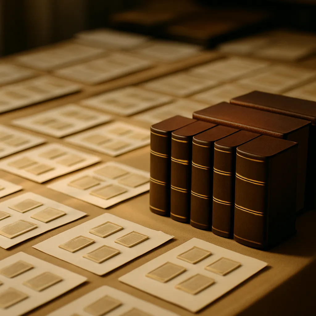 Rows of reference books and cards arranged neatly on a table.