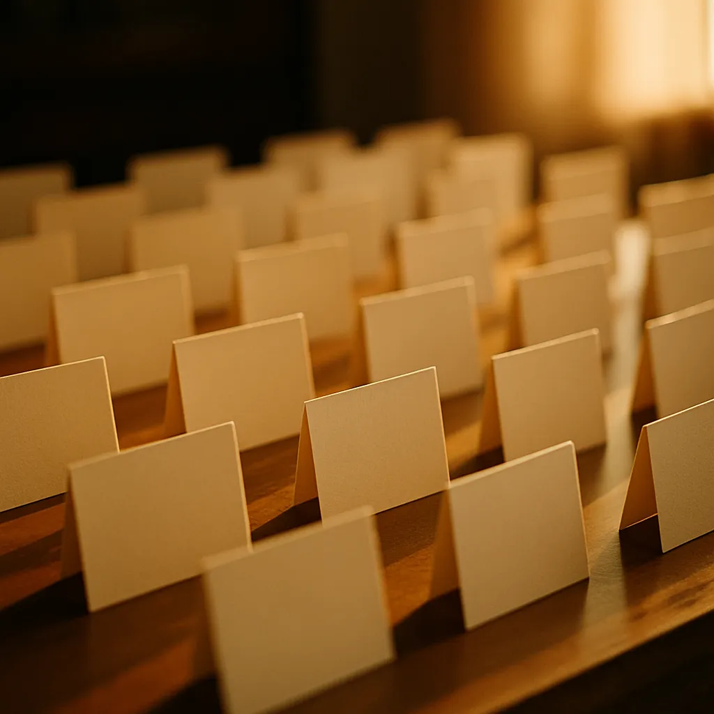 Rows of small blank cream cards arranged neatly on a table, atmospheric soft light.