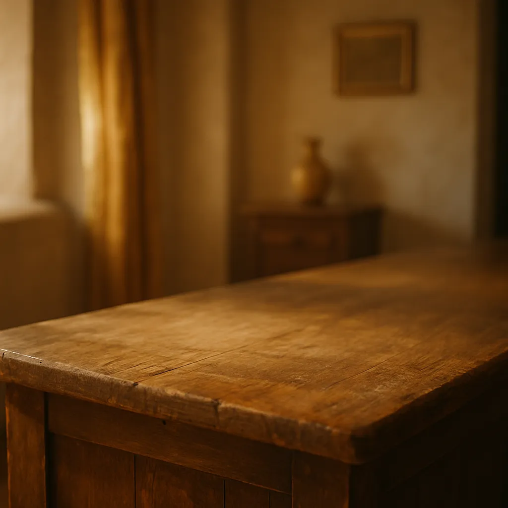 Close-up of a simple worn smooth wooden counter surface in warm light.