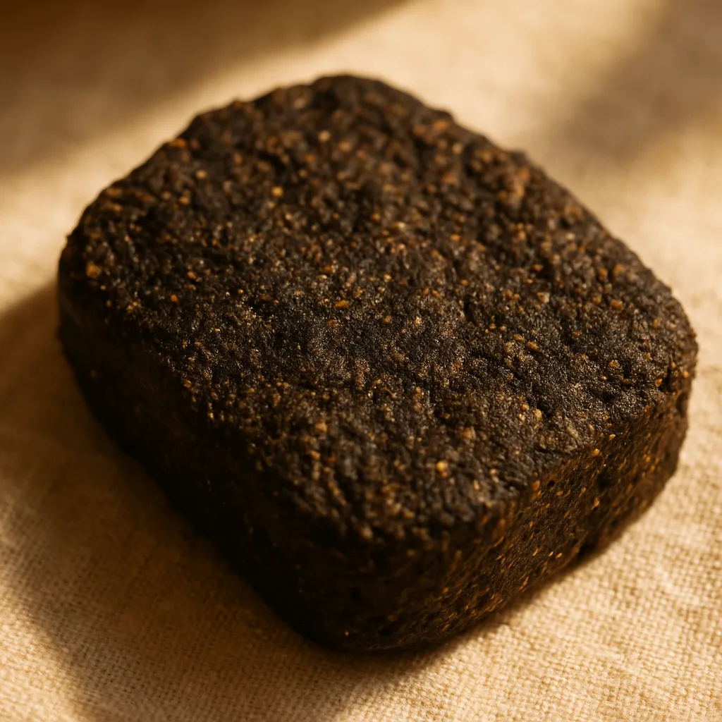 Close-up texture of a dark herbal amulet compound, rough and mottled.