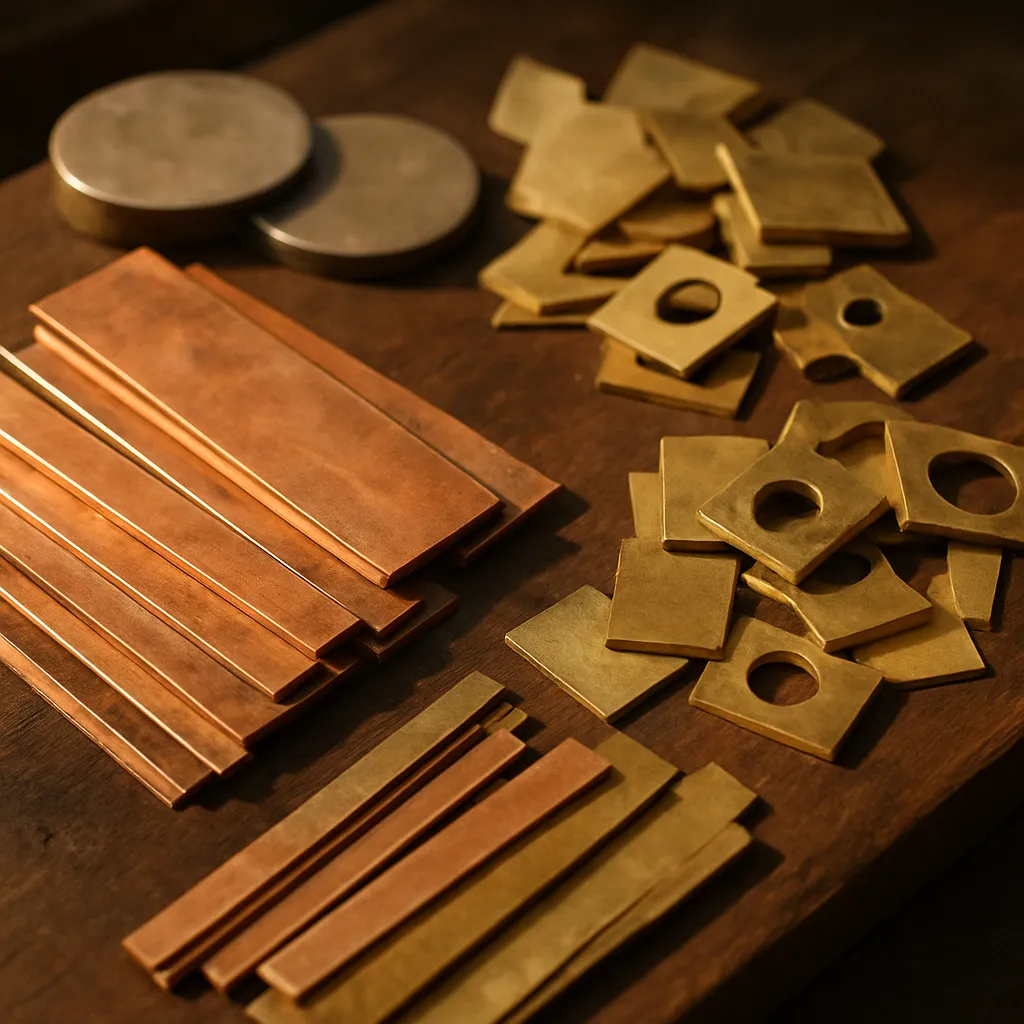 An arrangement of raw metal pieces on dark wood.