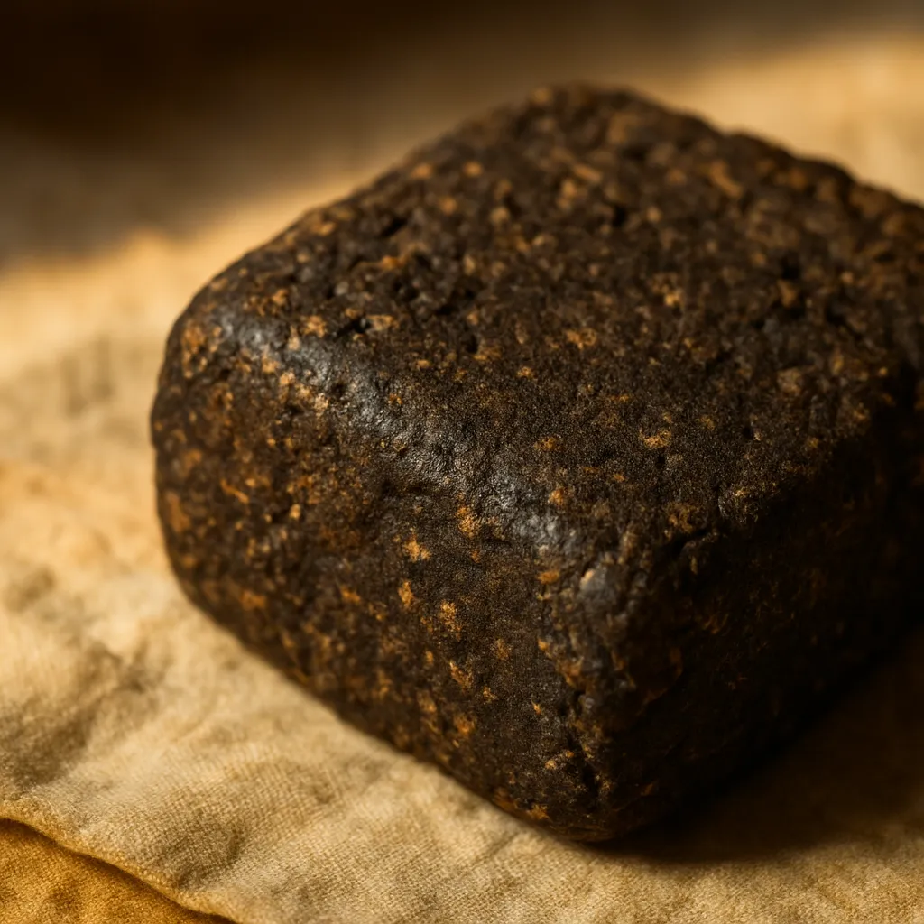 Close-up texture of dark compressed herbal amulet material, mottled and rough.